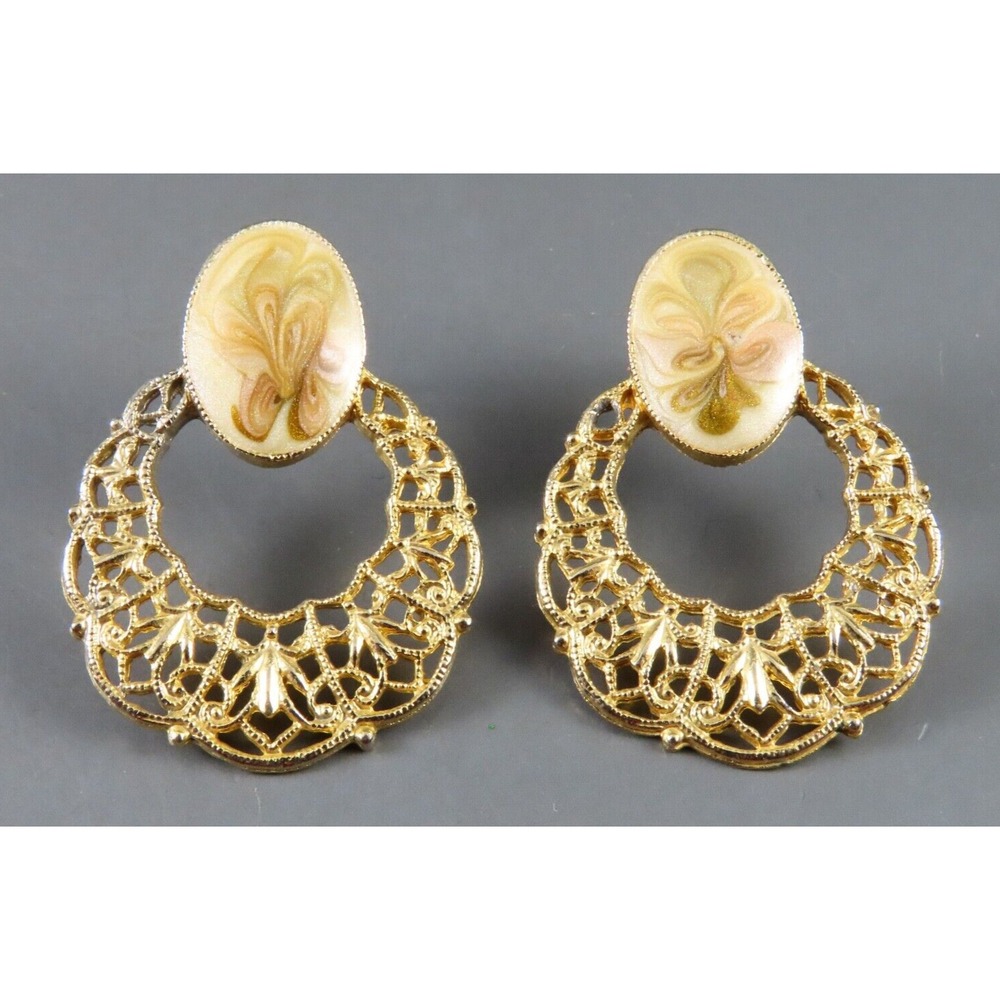 1928 BRAND Vintage DOORKNOCKER STYLE EARRINGS Gold Filigree SHIMMER CREAM ENAMEL
